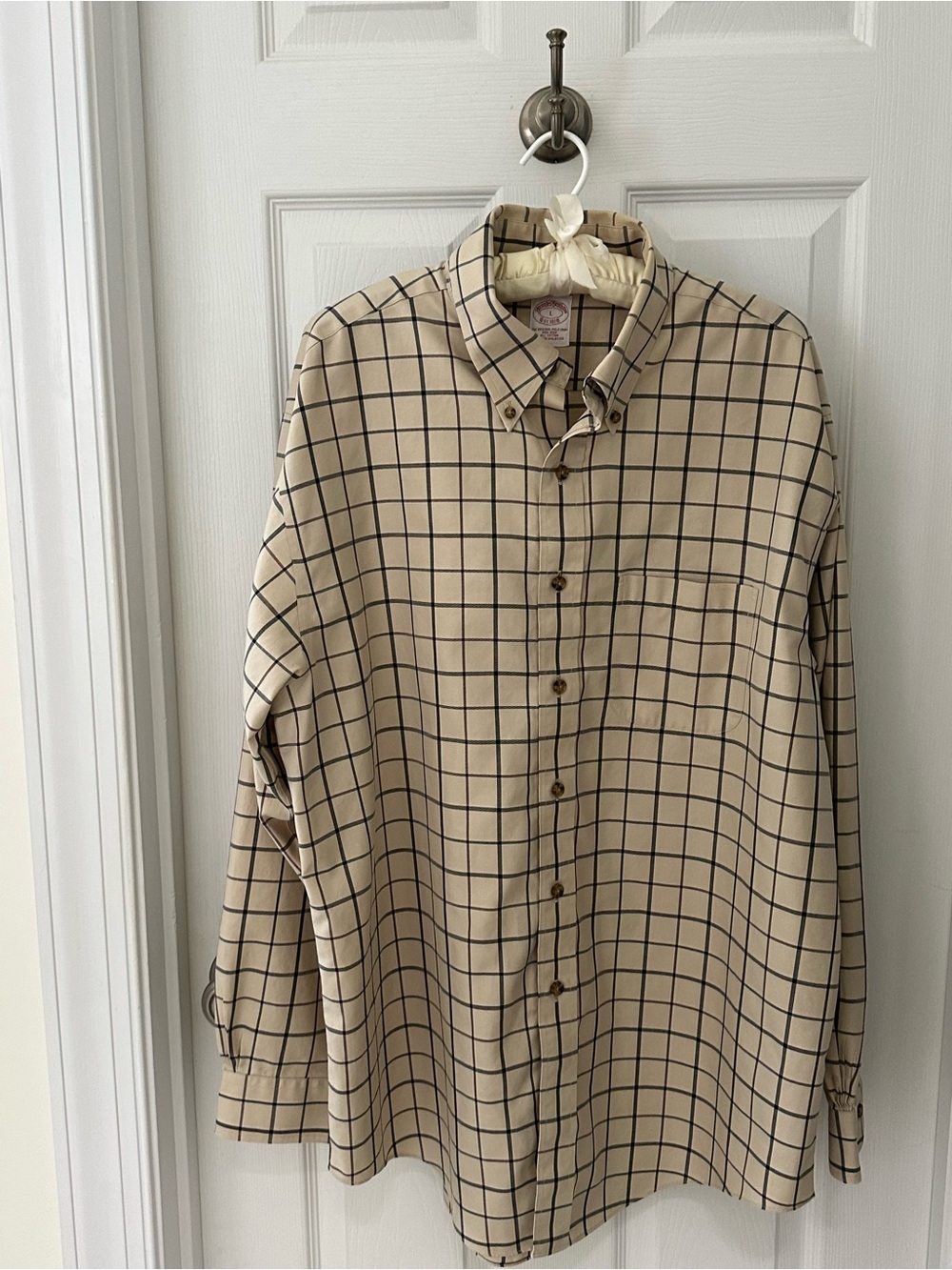 Brooks Brothers Beige Shirt with Navy Windowpane